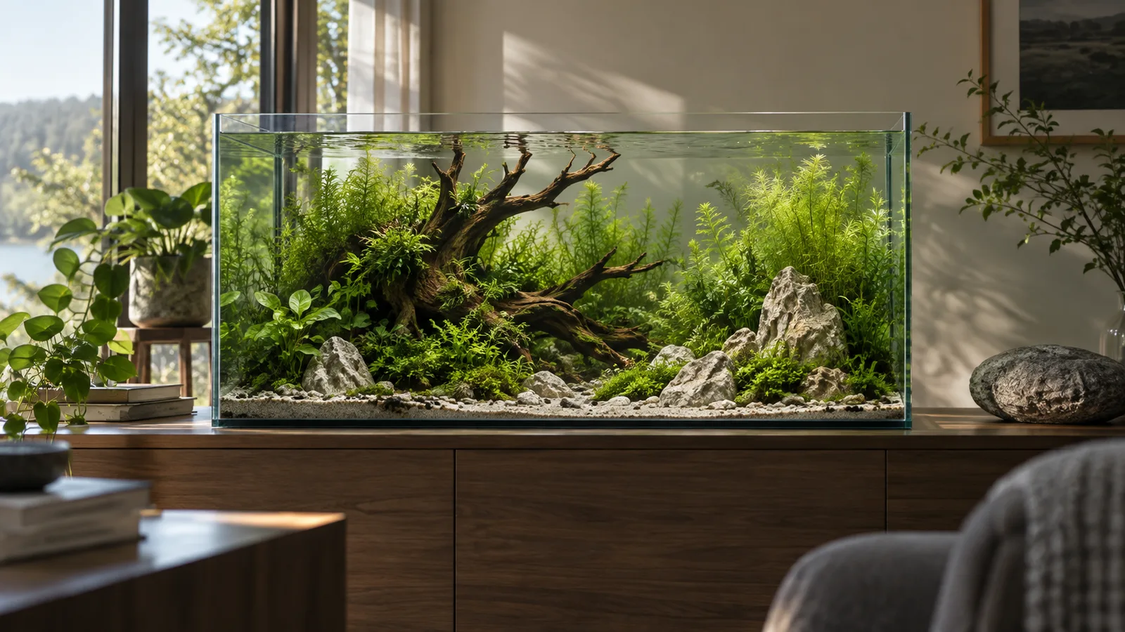 A planted glass aquarium beside a sunlit window.